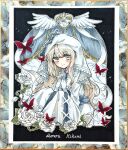  1girl black_background blonde_hair bug butterfly character_name commentary_request dress floral_background flower gloves grey_eyes hands_up highres hikami_meruru long_hair long_sleeves looking_at_viewer mahou_shoujo_no_majo_saiban otomebakudan priestess red_butterfly rose shikishi smile solo traditional_media upper_body veil white_dress white_flower white_gloves white_rose white_veil 