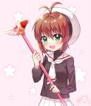  1girl antenna_hair artist_logo artist_name black_shirt blush brown_hair cardcaptor_sakura commentary_request fuuin_no_tsue green_eyes grid_background hair_intakes hat holding holding_wand kinomoto_sakura logo long_sleeves open_mouth pine_(angel4195202) pink_background pleated_skirt sailor_collar school_uniform shirt short_hair skirt smile solo tomoeda_elementary_school_uniform upper_body wand white_hat white_sailor_collar white_skirt 