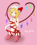 1girl bangs blonde_hair breasts commentary_request crystal cursive dai_zu_san english_text finger_to_mouth fingernails flandre_scarlet full_body happy_valentine hat hat_ribbon kneeling long_hair looking_at_viewer medium_breasts mob_cap naked_ribbon navel open_mouth partial_commentary pink_background red_eyes red_legwear red_ribbon ribbon sharp_fingernails sharp_teeth shushing simple_background solo teeth thighhighs touhou valentine white_headwear wings 