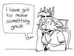  anthro antlers black_and_white bodily_fluids cervid chair darwin_(tinydeerguy) desk dialogue english_text furniture horn male mammal monochrome open_mouth solo sweat table text tinydeerguy tongue_showing worried writing_instrument 
