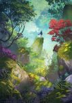  1girl blue_cape blue_tunic boulder bush cape commentary english_commentary facing_viewer forest grass highres landscape leaf moss nature original outdoors painterly plant purple_leaf red_leaf scenery standing sunlight sylvain_sarrailh tree tunic web_address 