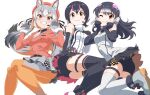  3girls african_penguin_(kemono_friends) animal_ears bare_shoulders bike_shorts_under_skirt black_gloves black_hair black_legwear black_shirt black_skirt blush claw_pose collared_shirt commentary_request elbow_gloves eyebrows_visible_through_hair fox_ears fox_girl fox_tail fur_trim garter_straps gloves grey_gloves grey_hair grey_legwear grey_skirt headphones high_collar highres humboldt_penguin_(kemono_friends) island_fox_(kemono_friends) jacket kemono_friends kemono_friends_v_project long_sleeves looking_at_viewer microphone multicolored_hair multiple_girls necktie official_alternate_costume one_eye_closed orange_hair orange_jacket orange_legwear pantyhose penguin_girl penguin_tail pink_hair pleated_skirt purple_hair shirt short_hair skirt sleeveless streaked_hair sweater tail thighhighs twintails two-tone_hair two-tone_legwear white_fur white_hair white_legwear white_necktie white_sweater yamaguchi_yoshimi yellow_eyes zettai_ryouiki 
