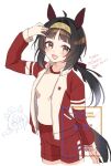  2girls ahoge animal_ears black_hair blush breasts brown_eyes commentary_request ear_covers epiphaneia_(umamusume) gym_shirt hair_ornament hairband hairclip horse_ears horse_girl horse_tail jacket koruri logotype_(umamusume) long_hair long_sleeves looking_at_viewer multiple_girls open_mouth red_shorts shirt shorts small_breasts smile solo_focus tail tracen_training_uniform umamusume white_shirt 