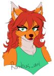 anthro canid canine clothing female fox fur green_clothing green_shirt green_topwear hair hi_res lipstick makeup mammal orange_body orange_fur red_hair rombus_art shirt solo terraria topwear werecanid werecanine werecreature werefox zoologist_(terraria)