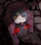  blue_fur fangs fire flame-tipped_tail gabunyan ha1_1oween highres hitodama in_coffin looking_at_viewer multiple_tails no_humans notched_ear one_eye_closed red_fire solo tail two_tails youkai_(youkai_watch) youkai_watch 