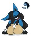 anthro big_breasts black_body black_eyes black_fur blue_body blue_fur blush bone breasts eyelashes female front_view fur generation_4_pokemon hi_res huge_breasts insane_okamy looking_at_viewer lucario nintendo object_between_breasts one_eye_closed pokemon pokemon_(species) simple_background solo tan_body tan_fur white_background