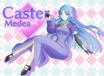  1girl blue_eyes blue_hair blue_lips blush braid character_name commentary_request dress fate/grand_order fate/stay_night fate_(series) gloves jewelry koma315ht long_hair long_sleeves looking_at_viewer lying mage_staff medea_(caster)_(fate) medea_(fate) open_mouth pointy_ears side_braid smile solo staff 