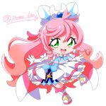  1girl :d ahoge arm_bow ascot bare_shoulders blue_bow boots bow braid brooch chibi chibi_only commentary cure_prism dress dress_bow earrings elbow_gloves frills full_body gloves gradient_hair green_eyes hair_between_eyes hair_bow hair_ornament half_up_braid halter_dress halterneck hand_up heart heart_ahoge hirogaru_sky!_precure jewelry leg_up long_hair looking_at_viewer magical_girl medium_dress multicolored_hair nijigaoka_mashiro open_mouth pink_hair precure side_braids signature simple_background single_earring sleeveless sleeveless_dress smile soboro_(jitome_dan) solo sphere_earrings standing standing_on_one_leg swept_bangs teeth twitter_username upper_teeth_only very_long_hair white_ascot white_background white_boots white_bow white_dress white_gloves wing_brooch wing_hair_ornament 