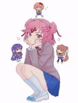  4girls :t blazer blue_skirt collared_shirt doki_doki_literature_club doki_doki_literature_club_school_uniform grey_jacket hair_ornament hairclip highres jacket knees_up mini_person minigirl monika_(doki_doki_literature_club) multiple_girls natsuki_(doki_doki_literature_club) neck_ribbon pink_hair pink_vest pout ribbon sayori_(doki_doki_literature_club) school_uniform shirt short_hair sitting skirt socks two_side_up unch105 vest white_shirt white_socks yuri_(doki_doki_literature_club) 