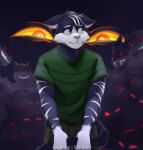 2023 5_fingers adam's_apple anthro athletic background_character biped black_body black_fur black_hair black_tail bottomwear brown_bottomwear brown_clothing brown_pants cheek_tuft clothed clothing countershade_arms countershade_face countershade_fur countershade_hands countershading digital_media_(artwork) disembodied_eyes domestic_cat ears_down eyebrows eyes_in_darkness facial_tuft fangs felid feline felis fingers front_view fully_clothed fur green_clothing green_eyes green_shirt green_topwear grin group hair hi_res holding_own_tail humanoid_hands jayce_(socially_awkward) looking_aside looking_at_another male mammal markings multicolored_body multicolored_fur multicolored_hair nervous open_mouth open_smile orange_eyes pants pink_nose pivoted_ears portrait purtropos red_eyes shirt signature smile socially_awkward solo_focus striped_markings stripes tail teeth thin_tail three-quarter_portrait topwear tuft two_tone_body two_tone_fur two_tone_hair whisker_spots whiskers white_body white_eyebrows white_fur white_hair white_markings yellow_sclera