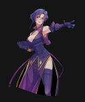  1girl absurdres bare_shoulders black_background book breasts charmwitch cleavage closed_mouth cropped_jacket curtained_hair dress earrings elbow_gloves english_commentary fire_emblem fire_emblem:_the_blazing_blade gloves highres holding holding_book jewelry large_breasts parted_bangs purple_dress purple_eyes purple_gloves purple_hair purple_thighhighs short_hair side_slit sidelocks simple_background sleeveless sleeveless_jacket smile solo thighhighs upper_body ursula_(fire_emblem) 