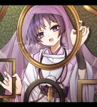  1boy absurdres armor black_bow black_sash blunt_ends bow choppy_bangs colored_eyelashes commentary_request curled_fingers dated eyeliner feathers genshin_impact hands_up head_tilt highres indoors japanese_armor japanese_clothes kariginu kimono kote kurokote layered_sleeves long_sleeves makeup male_focus open_mouth pink_kimono pink_sleeves pom_pom_(clothes) purple_eyes purple_hair purple_veil red_eyeliner sash scaramouche_(genshin_impact) scaramouche_(kabukimono)_(genshin_impact) see-through_clothes see-through_veil shoulder_cut signature solo string upper_body veil white_sleeves wide_sleeves yellow_feathers yuzuko_to_love 