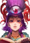  1girl aduti_momoyama book commentary_request fire_emblem fire_emblem:_the_sacred_stones fire_emblem_heroes gloves highres holding holding_book lute_(fire_emblem) lute_(limitless_curiosity)_(fire_emblem) mogall monster official_alternate_costume one-eyed open_book parted_lips purple_eyes purple_hair short_hair tentacles upper_body white_background 