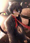  1boy absurdres animal_ears belt black_belt black_hair black_jacket black_pants black_shirt blue_eyes blurry blurry_background buttons cat_boy cat_ears cat_tail collared_shirt commentary dark_skin hair_between_eyes heterochromia highres jacket lapels leash long_sleeves looking_at_viewer male_focus mouth_hold necktie original paint pants pink_eyes red_leash red_necktie rocksnotrock shirt short_hair sitting solo suit_jacket table tail viewer_holding_leash 