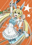  1girl absurdres ahoge animal_ear_hairband animal_ears argyle_clothes argyle_thighhighs artoria_caster_(fate) artoria_caster_(swimsuit_berserker)_(second_ascension)_(fate) artoria_pendragon_(fate) bare_shoulders blonde_hair blue_bow blue_dress blue_thighhighs blush bow breasts checkered_thighhighs commentary_request dress dress_bow fake_animal_ears fate/grand_order fate_(series) green_eyes hairband hand_up highres jumping koma315ht long_hair looking_at_viewer multicolored_thighhighs puffy_short_sleeves puffy_sleeves rabbit_ears shoes short_sleeves smile solo star_(symbol) striped_clothes striped_thighhighs thighhighs twintails two-tone_thighhighs white_shoes wrist_cuffs 