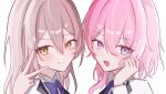  2girls absurdres artist_name blue_eyes bow bowtie close-up commentary_request diamond_(shape) graphia_academy_school_uniform grey_hair h1n_as hair_between_eyes heart highres honkai:_star_rail honkai_(series) long_hair long_sleeves looking_at_viewer march_7th_(honkai:_star_rail) medium_hair multiple_girls pink_hair portrait purple_bow purple_bowtie school_uniform shirt simple_background smile stelle_(honkai:_star_rail) trailblazer_(honkai:_star_rail) v white_shirt yellow_eyes 
