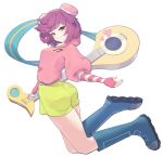  1girl ass blue_boots boots breasts commentary_request full_body green_eyes green_shorts guitar highres holding holding_guitar holding_instrument hood hoodie instrument mega_man_(series) mega_man_star_force_(series) musical_note musical_note_print parted_lips pink_hoodie print_hoodie rasu_maid red_eyes shorts simple_background smile solo sonia_strumm_(mega_man) white_background 