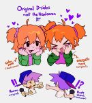  ! !! !? >_< 2boys 2girls ? benzbt black_eyes boyfriend_(friday_night_funkin') friday_night_funkin' friday_night_funkin'_(d-sides) girlfriend_(friday_night_funkin') green_jacket heart highres holding holding_microphone jacket meme microphone multiple_boys multiple_girls open_mouth orange_hair pink_shirt pointing_spider-man_(meme) purple_hair shirt smile two_side_up white_background white_shirt 