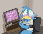  anonymous_artist anthro avian berdly bird blue_body blue_fur blush chair clothed clothing controller deltarune embarrassed eyewear frown fur furniture game_controller glasses male mew_mew_kissy_cutie microsoft partially_clothed scared solo undertale_(series) video_games xbox xbox_game_studios 