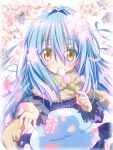  akatsuki_(ggsy7885) artist_name blue_coat blue_hair blush_stickers brown_scarf cherry_blossoms coat commentary_request dango eating floating_hair food fur-trimmed_sleeves fur_scarf fur_trim hair_between_eyes hair_intakes highres light_blush long_hair long_sleeves looking_at_viewer messy_hair open_mouth outstretched_hand pinstripe_coat red_pupils rimuru_tempest rimuru_tempest_(slime) scarf slime_(creature) straight-on tensei_shitara_slime_datta_ken twitter_username upper_body wagashi watermark yellow_eyes 