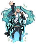  1girl :d absurdres aqua_eyes aqua_hair aqua_nails aqua_necktie arm_up artist_logo audience beamed_eighth_notes black_boots black_skirt black_sleeves boots collared_shirt commentary detached_sleeves eighth_note english_commentary full_body glowstick graysheartart hair_between_eyes hatsune_miku headset highres holding holding_microphone holding_microphone_stand logo long_hair looking_at_viewer microphone microphone_stand music musical_note nail_polish necktie open_mouth outline pleated_skirt shirt signature singing skirt sleeveless sleeveless_shirt smile solo standing star_(symbol) thigh_boots thighhighs tie_clip twintails very_long_hair vocaloid white_background white_shirt zettai_ryouiki 