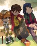  3boys blue_hat blush brown_hair brown_hat digimon digimon_frontier gloves hand_on_another's_head hand_on_lap hat himi_tomoki holding holding_unworn_clothes holding_unworn_hat jacket kanbara_takuya kimura_kouichi male_focus multiple_boys on_bench orange_hat pants red_jacket red_shoes shirt shoes short_hair shorts sweat t_k_g unworn_hat unworn_headwear white_shirt white_shoes yellow_shirt 