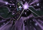  1girl absurdres blue_eyes blue_hair braid breasts bug butterfly commentary_request dress fate/stay_night fate_(series) gloves hecate's_staff_(fate) highres holding holding_staff hood hood_up jewelry koma315ht long_sleeves looking_at_viewer mage_staff magic medea_(caster)_(fate) medea_(fate) one_eye_covered open_mouth outstretched_hand solo staff 