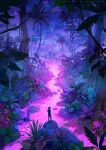  1girl commentary english_commentary from_behind glowing_liquid grass highres jungle leaf nature night original outdoors painterly palm_tree plant purple_liquid river scenery sylvain_sarrailh tree vines web_address 