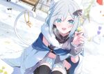  1girl absurdres blue_eyes blush bow breath cat_girl cat_tail commentary flower frills grey_hair hair_bow hair_ornament highres holding holding_flower kaga_sumire key keyring looking_at_viewer open_mouth outdoors short_hair skirt sleeveless smile snow snowman solo spice_mega squatting tail tail_raised thighhighs thighs untranslatable_commentary virtual_youtuber vspo! yellow_flower 