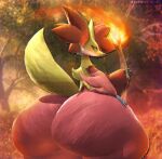 2026 3d_(artwork) ambiguous_gender anthro big_butt black_body bottom_heavy butt clothing delphox digital_media_(artwork) dress fire forest generation_6_pokemon hand_on_butt hi_res huge_butt hyper hyper_butt inner_ear_fluff looking_at_viewer looking_back nintendo orange_body outside plant pointy_nose pokemon pokemon_(species) pseudo_clothing raised_tail rear_view red_body red_eyes rexterred solo stick tail tree tuft white_body yellow_body
