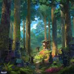  architecture blue_sky cloud commentary day east_asian_architecture english_commentary forest grass graveyard highres landscape leaf logo moss nature no_humans original outdoors painterly plant rock scenery sky sunlight sylvain_sarrailh tombstone tree web_address 