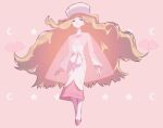  1girl aoi_(altea0923) bangs blonde_hair butterfly_hair_ornament caitlin_(pokemon) cape closed_eyes commentary_request crescent dress full_body hair_ornament hat long_hair long_sleeves parted_bangs parted_lips pink_background pink_cape pink_footwear pink_headwear pokemon pokemon_(game) pokemon_bw see-through_cape shoes sidelocks solo star_(symbol) very_long_hair wavy_hair white_dress 