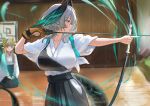  2girls absurdres aiming alternate_costume archery archery_shooting_glove arknights arrow_(projectile) black_hakama bow_(weapon) breasts brown_eyes brown_hair commentary_request drawing_bow elf film_grain gloves green_eyes grey_hair hakama head_wings highres ho'olheyak_(arknights) holding holding_arrow holding_bow_(weapon) holding_weapon japanese_clothes kimono kyuudou large_breasts muelsyse_(arknights) multiple_girls muneate partially_fingerless_gloves pointy_ears seiza single_glove sitting snake_tail table tail tasuki textless_version uof weapon white_kimono wings wooden_table wooden_wall yugake 