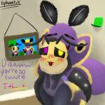 1:1 absurd_res antennae_(anatomy) anthro arthropod arthropod_abdomen bee blush blush_lines collar compliment digital_media_(artwork) digital_painting_(artwork) digital_watercolor_(artwork) dominant dominant_female duo female femboy hand_on_head headpat heterochromia hi_res hphoenixk hug hugging_another hugging_from_behind hymenopteran insect inside leash lepidopteran male male/female moth multicolored_body neck_tuft no_outlines open_mouth painting_(artwork) petting picture_frame post-it_note purple_body size_difference spread_wings stuttering submissive submissive_male text thick_thighs tuft watercolor_(artwork) wings