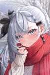 1girl absurdres blue_eyes blush commentary cone_hair_bun earrings grey_hair guafa hair_bun highres hololive hololive_indonesia jewelry long_hair red_scarf scarf smile sweater vestia_zeta virtual_youtuber winter_clothes 