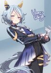  1girl animal_ears artist_name black_pants blue_eyes blue_hair commentary_request ear_covers flat_chest gloves highres horse_ears horse_girl horse_tail jacket k.s.miracle_(umamusume) long_sleeves looking_at_viewer open_clothes open_jacket pants puddinghomhom short_hair solo tail umamusume white_gloves 