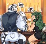  1boy 1girl alcohol animal_ears arknights artist_logo ass bar_(place) beer beer_mug black_shorts black_vest blush commission crocodilian_tail cup facial_hair feet_out_of_frame from_behind furry furry_male furry_with_furry gavial_(arknights) goatee graysheartart green_hair heart highres holding holding_cup interspecies large_hands logo long_hair looking_at_another mountain_(arknights) mug multiple_boys muscular muscular_male pants pointy_ears ponytail scar scar_across_eye scar_on_arm scar_on_face shirt short_hair shorts sitting smile spoken_character tail tail_wagging thick_arms thick_eyebrows thick_thighs thighs tiger_boy tiger_ears tiger_tail vest white_fur white_hair white_pants 