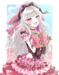  1girl :d absurdres black_bow blunt_bangs blush bouquet bow commentary_request cowboy_shot dress flower frilled_dress frills grey_eyes grey_hair hair_bow happy heterochromia highres holding holding_bouquet ishigami_nozomi long_hair looking_at_viewer miyu_10969 multicolored_hair nijisanji official_alternate_costume open_mouth pink_dress pink_eyes pink_flower pink_rose pink_streaks rose smile solo streaked_hair virtual_youtuber 
