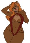 2024 5_fingers anthro bear black_nose breasts brown_body brown_fur brown_snout eyebrows facial_markings female fingers fur grey_eyes hair head_markings heart_(marking) hi_res inner_boob kittydee lauren_de_la_vojeto long_hair mammal markings muzzle_(marking) navel orange_eyebrows orange_hair portrait red_one-piece_swimsuit red_sling_bikini solo tan_body tan_fur tan_markings three-quarter_portrait