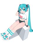  1girl aqua_eyes aqua_hair black_armlet black_buruma buruma character_name commentary cropped_shirt hair_ornament hatsune_miku highres looking_at_viewer monster_l_(hochihochiha) open_mouth print_shirt shirt shoes sneakers socks solo twintails untranslatable_commentary vocaloid white_socks 