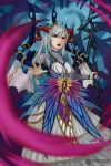  1girl artist_name blue_flower blue_hair blue_rose bodystocking breasts cleavage colored_inner_hair commentary dress english_commentary fire_emblem fire_emblem_heroes flower freyja_(fire_emblem) frown full_body goat_horns hair_between_eyes highres holding holding_staff horns large_breasts long_sleeves looking_at_viewer magic multicolored_hair open_mouth red_eyes rose solo staff suturekey white_hair 