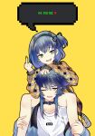  2boys :d ;d animal_ear_hairband animal_ears black_choker black_hairband black_ribbon blue_hair blue_jacket blue_shorts bright_pupils carrying carrying_person cat_ear_hairband cat_ears character_name choker clothes_writing collarbone commentary_request denim denim_shorts double-parted_bangs dual_persona english_text fake_animal_ears fangs feet_out_of_frame fingerless_gloves flipped_hair gloves green_nails grey_jacket hair_between_eyes hair_ribbon hairband hand_on_another's_head hands_on_another's_legs hands_up head_tilt heart highres jacket jacket_partially_removed kiki_(tsunya) long_sleeves looking_at_viewer male_focus middle_finger multiple_boys nail_polish o-ring o-ring_choker one_eye_closed one_side_up open_clothes open_jacket open_mouth patterned_clothing pixel_art_inset puffy_long_sleeves puffy_sleeves raised_eyebrows ribbon round_teeth ryoune_yami short_hair short_hair_with_long_locks short_shorts shorts shoulder_carry simple_background sitting sleeves_past_wrists smile speech_bubble straight-on swept_bangs teeth trap tsurime upper_body upper_teeth_only utau v-shaped_eyebrows white_hair white_pupils yellow_background yellow_jacket 