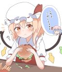  2girls ? absurdres ascot blonde_hair blue_hair burger closed_eyes collared_shirt commentary_request crystal crystal_wings eating flandre_scarlet food food_on_face french_fries frilled_shirt_collar frills hat haya_s2 highres holding holding_burger holding_food long_hair mob_cap multicolored_wings multiple_girls one_side_up pink_hat puffy_short_sleeves puffy_sleeves red_eyes red_vest remilia_scarlet shirt short_sleeves siblings sisters touhou translation_request vest white_hat white_shirt wings yellow_ascot 