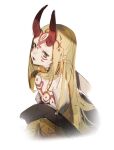  1girl bare_shoulders blonde_hair body_markings facial_mark fang fate/grand_order fate_(series) half-closed_eyes highres hit-kun horns ibaraki_douji_(fate) japanese_clothes kimono long_hair looking_at_viewer looking_back oni oni_horns open_mouth pointy_ears red_horns simple_background sketch skin_fang solo third_eye upper_body white_background yellow_eyes yellow_kimono 