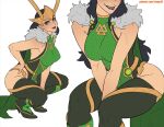  1girl alternate_form arms_between_legs ass black_hair boots breasts bright_pupils cape closed_mouth covered_collarbone dress eyelashes fake_horns feet_out_of_frame forehead_protector from_side fur-trimmed_cape fur_trim green_dress green_eyes hand_on_own_hip high_heel_boots high_heels highres horned_headwear horned_tiara horns lady_loki large_breasts lips loki_(marvel) long_hair looking_at_viewer marvel marvel_rivals multiple_views no_eyes nose parted_lips patreon_username purple_lips simple_background skindentation smile squatting stopu teeth thigh_boots thor_(marvel)_(series) tiara valknut_(symbol) white_background white_pupils 