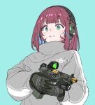  1girl absurdres aqua_background bangs blue_hair gloves green_eyes green_gloves grey_sweater gun headphones highres holding holding_gun holding_weapon long_sleeves multicolored_hair original parted_lips red_hair short_hair simple_background solo sweater tac239 upper_body weapon weapon_request 