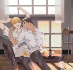  2boys bandaid bandaid_on_face black_eyes black_hair black_pants blonde_hair book book_on_lap chair commentary_request curtains dark-skinned_male dark_skin desk eye_contact glasses highres indoors leaning_on_person looking_at_another male_focus min_(bellta) multiple_boys on_ground original pants school_desk school_uniform shirt shoes sitting sunlight undercut unworn_eyewear white_shirt window yaoi 