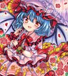  1girl bat_wings blue_hair blush bow bowtie collared_shirt commentary_request falling_petals flower frilled_shirt_collar frills hair_between_eyes hat hat_ribbon holding holding_umbrella looking_at_viewer marker_(medium) medium_hair mob_cap open_mouth petals pink_hat pink_shirt pink_skirt pink_umbrella puffy_short_sleeves puffy_sleeves red_bow red_bowtie red_eyes red_flower red_petals red_rose remilia_scarlet ribbon rose rui_(sugar3) sample_watermark shirt short_sleeves skirt skirt_set smile solo touhou traditional_media umbrella watermark wings wrist_cuffs 
