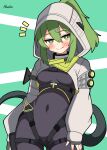  1girl :q absurdres alternate_breast_size_(smaller) arknights arknights:_endfield artist_name black_bodysuit blush bodysuit breasts closed_mouth commentary_request covered_navel fluorite_(arknights) green_background green_eyes green_hair hair_through_hood hendra highres hood jacket long_sleeves looking_at_viewer medium_breasts notice_lines ponytail puffy_long_sleeves puffy_sleeves signature solo tail tongue tongue_out white_jacket 