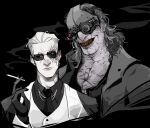  2boys absurdres black_background black_gloves black_necktie black_shirt cigarette closed_mouth coat collared_shirt collared_vest colored_skin cracked_skin cyborg evil_grin evil_smile fangs gloves goggles golden_tooth grin hair_slicked_back hand_up hashtag-only_commentary helmet highres holding holding_cigarette jacket jewelry long_hair long_sleeves looking_at_viewer male_focus mask medium_hair multiple_boys necktie open_clothes purple_skin resident_evil resident_evil_requiem scar scar_across_eye scar_on_face scar_on_mouth sharp_teeth shirt short_hair simple_background smile smoke smoke_trail smoking stitches suit sunglasses teeth upper_body vest victor_gideon white_hair white_vest wide_mouth woodloose204 zeno_(resident_evil) 